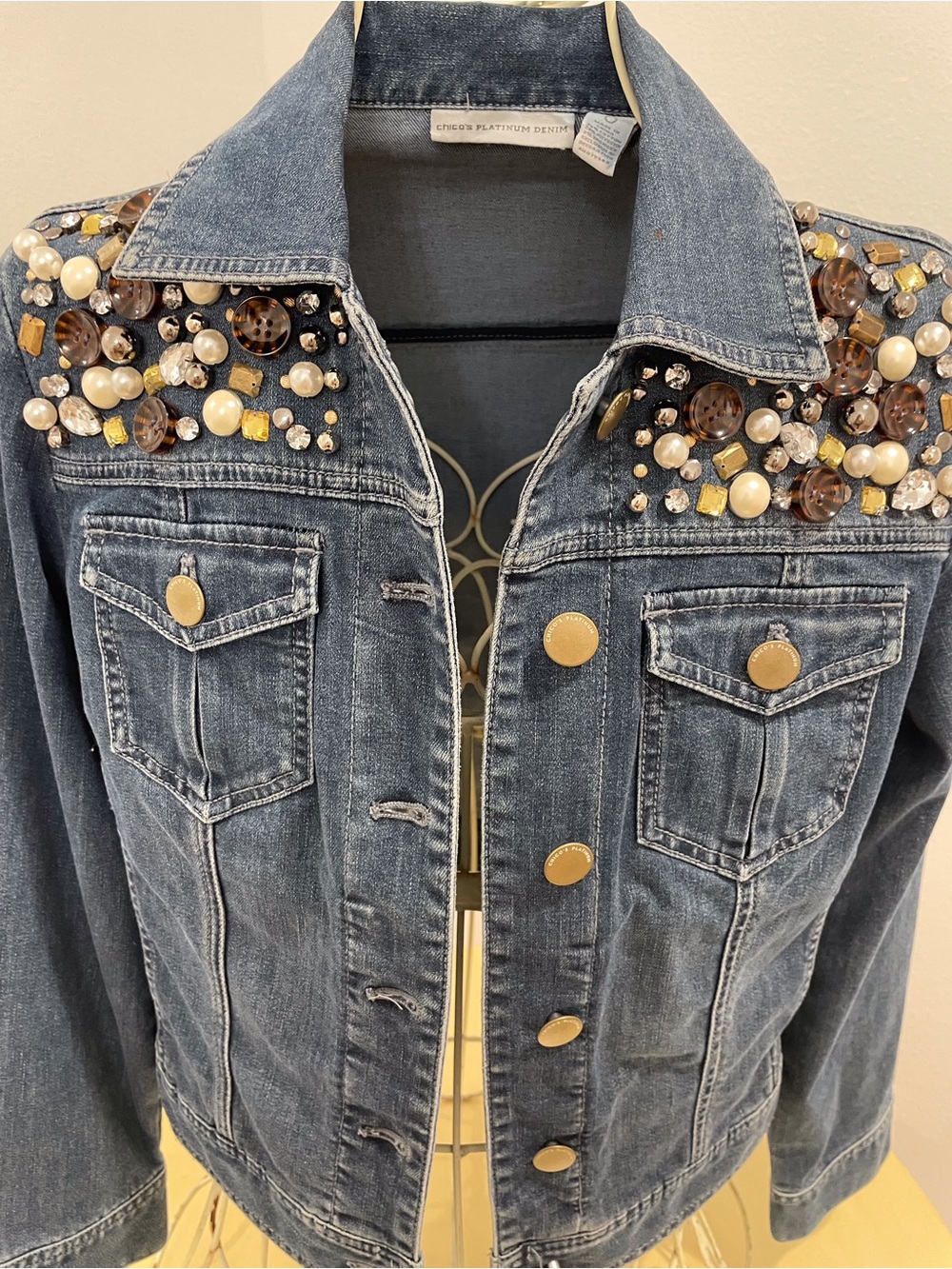 Chico’s Platinum Denim Pearl Rhinestone Embellished Jean Jacket size O